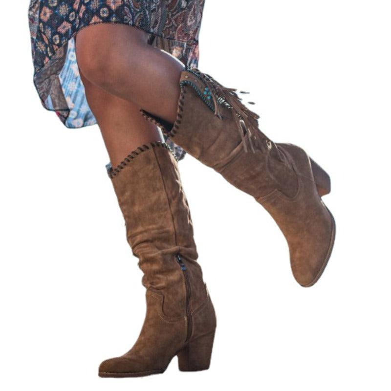 Stivali vintage da donna al ginocchio con nappine - Edith