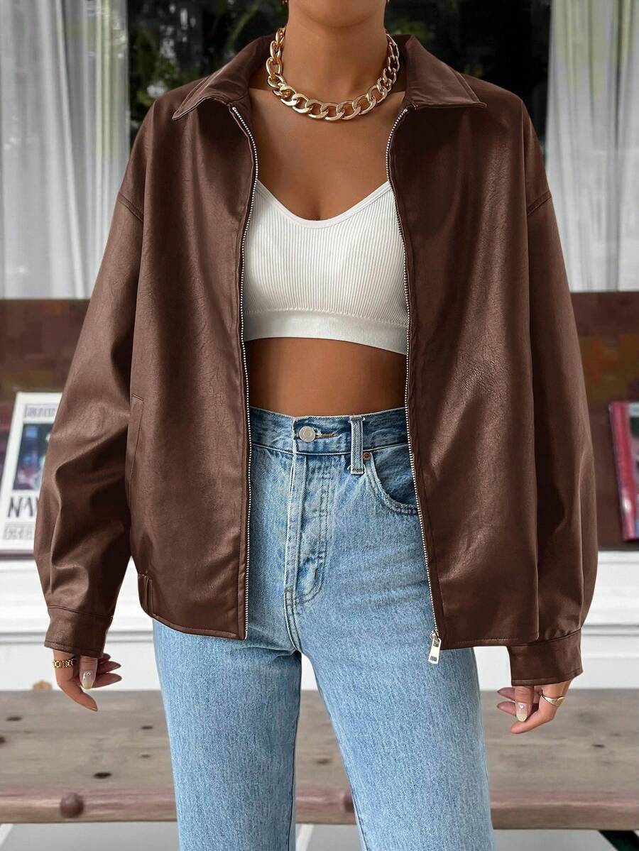 Ladies' Stylish Faux Leather Jacket with Dropped Shoulders