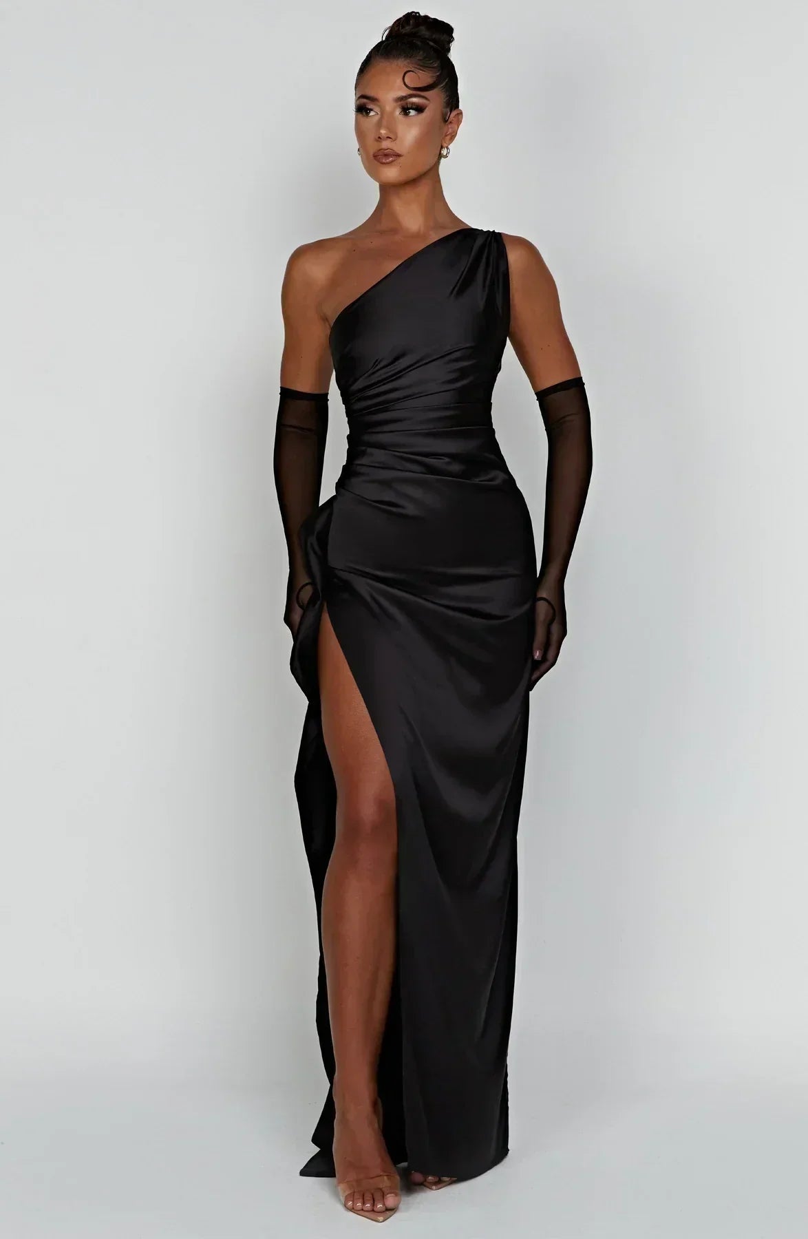 Elegant Satin One Shoulder Maxi Evening Dress with High Split
