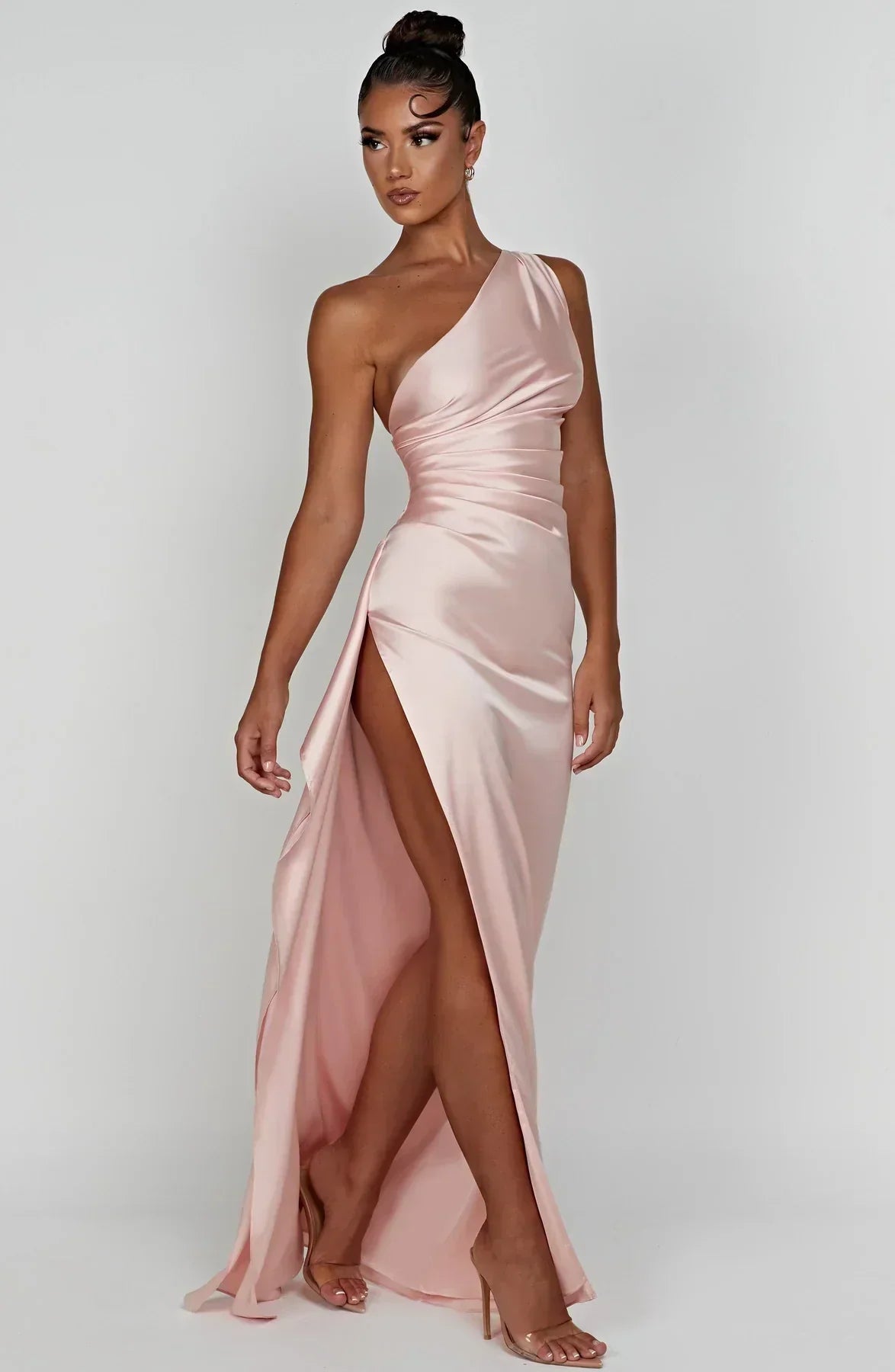Elegant Satin One Shoulder Maxi Evening Dress with High Split