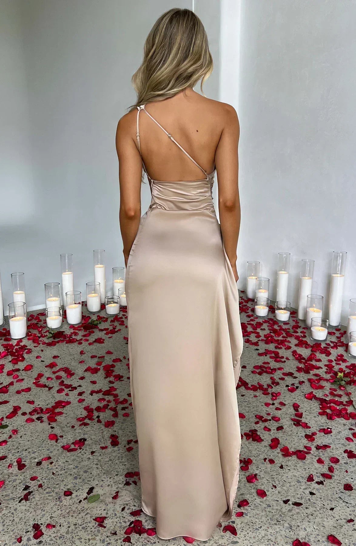 Elegant Satin One Shoulder Maxi Evening Dress with High Split