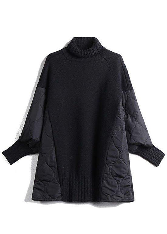 Ladies Long Roll Neck Sweater with Padded Panels and Cable Cuffs
