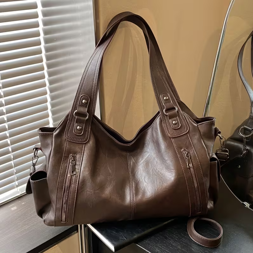 Ladies Shoulder Bag Leather with Zipper Pockets and Double Handles