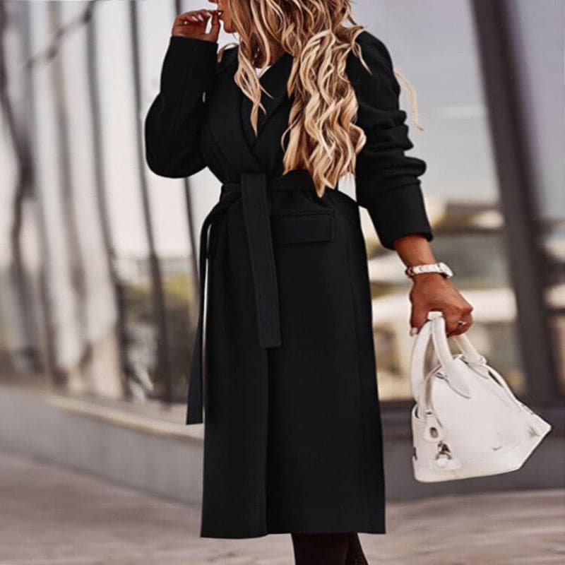 Ladies Elegant Long Wrap Coat with Tie Belt and Pockets