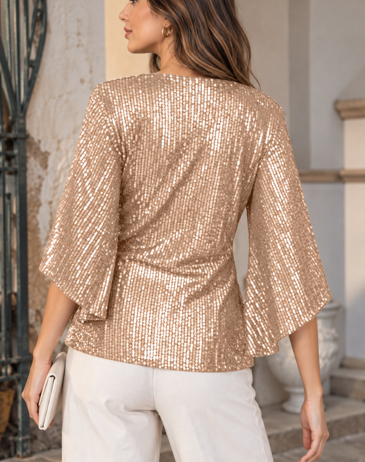 Festive Glitter Sequin Ladies Blouse with V-Neck