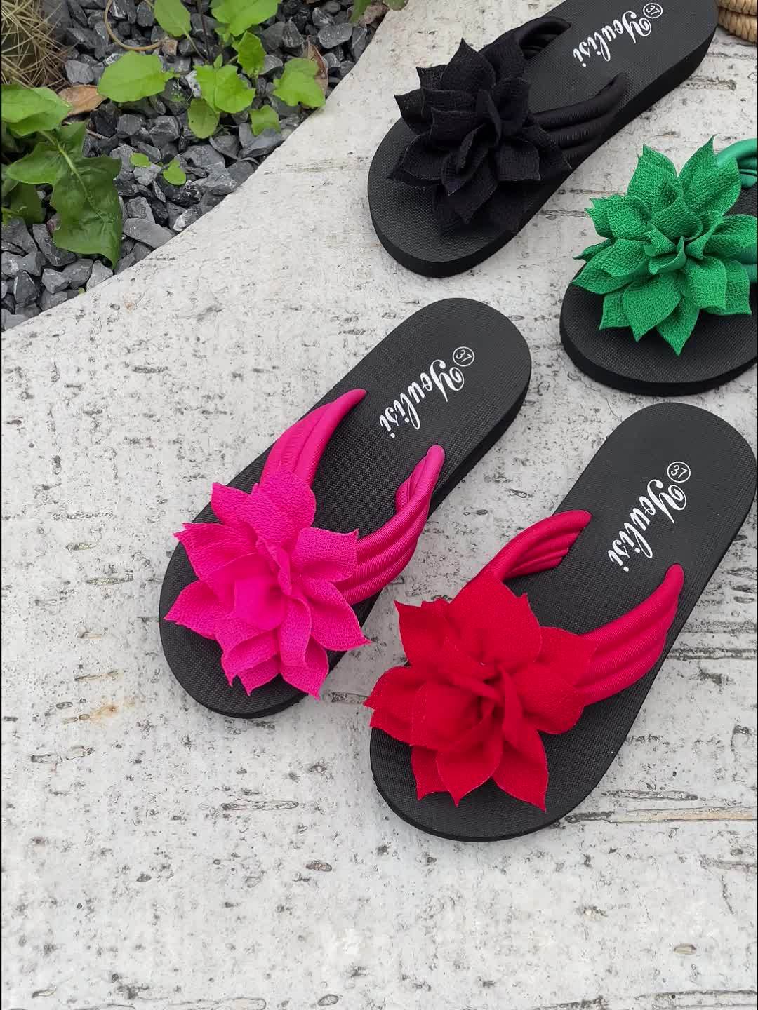 Ladies' Flip Flops with Platform Sole and Floral Detail Wide Fit