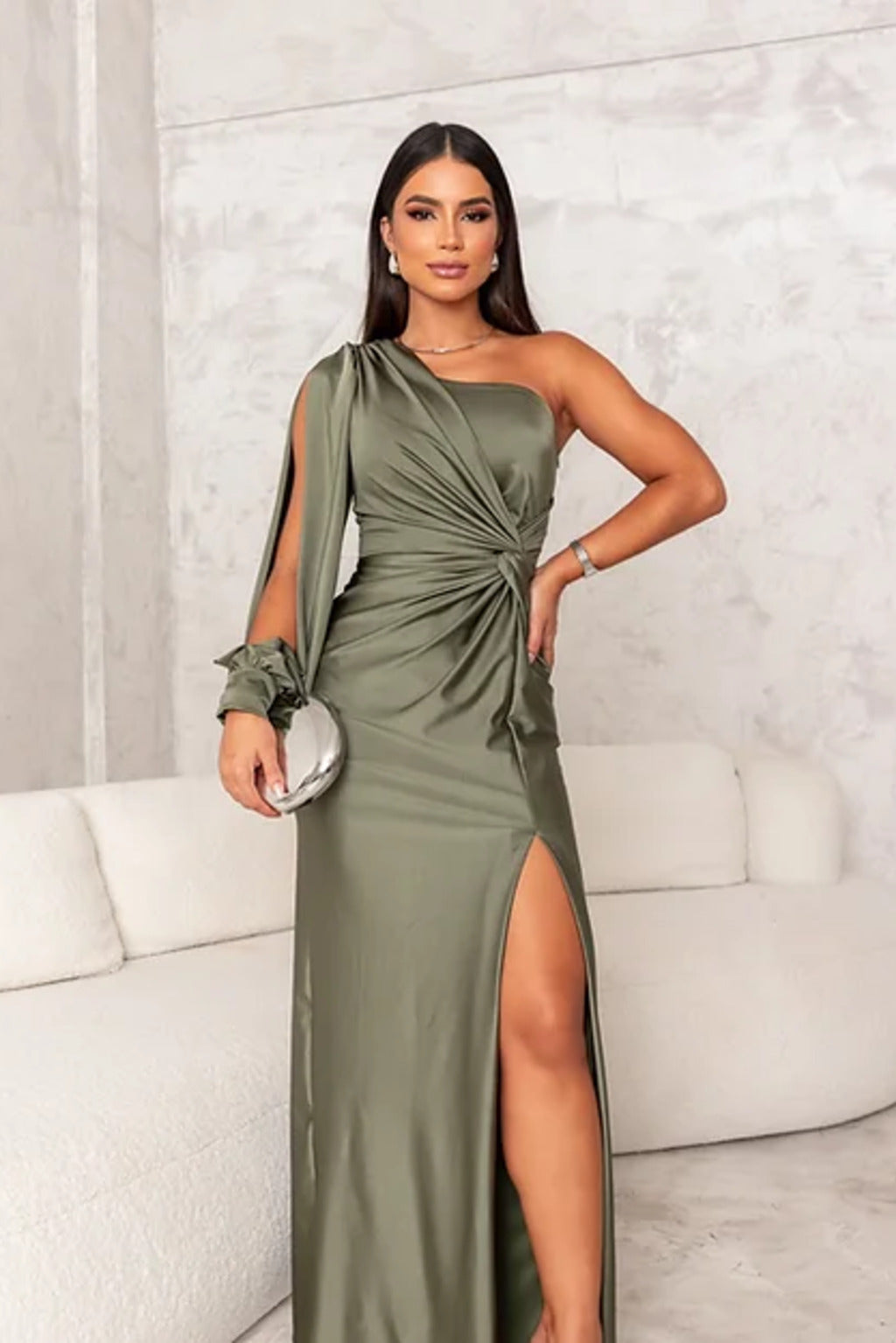 Vestido largo elegante de gala para mujer, de un solo hombro y con abertura