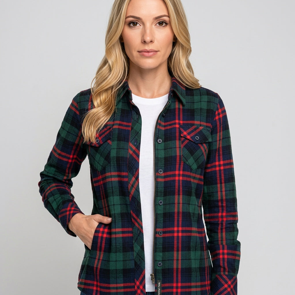 Women’s Checked Blouse with Chest Pockets and Roll-Up Sleeves