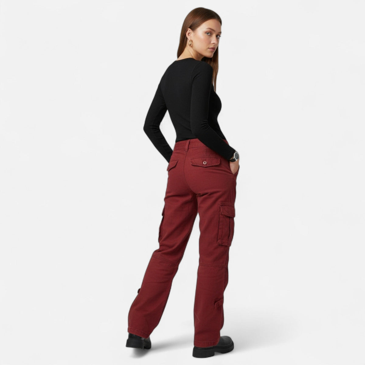 Ladies Casual Cargo Trousers with Wide Legs and Flap Pockets
