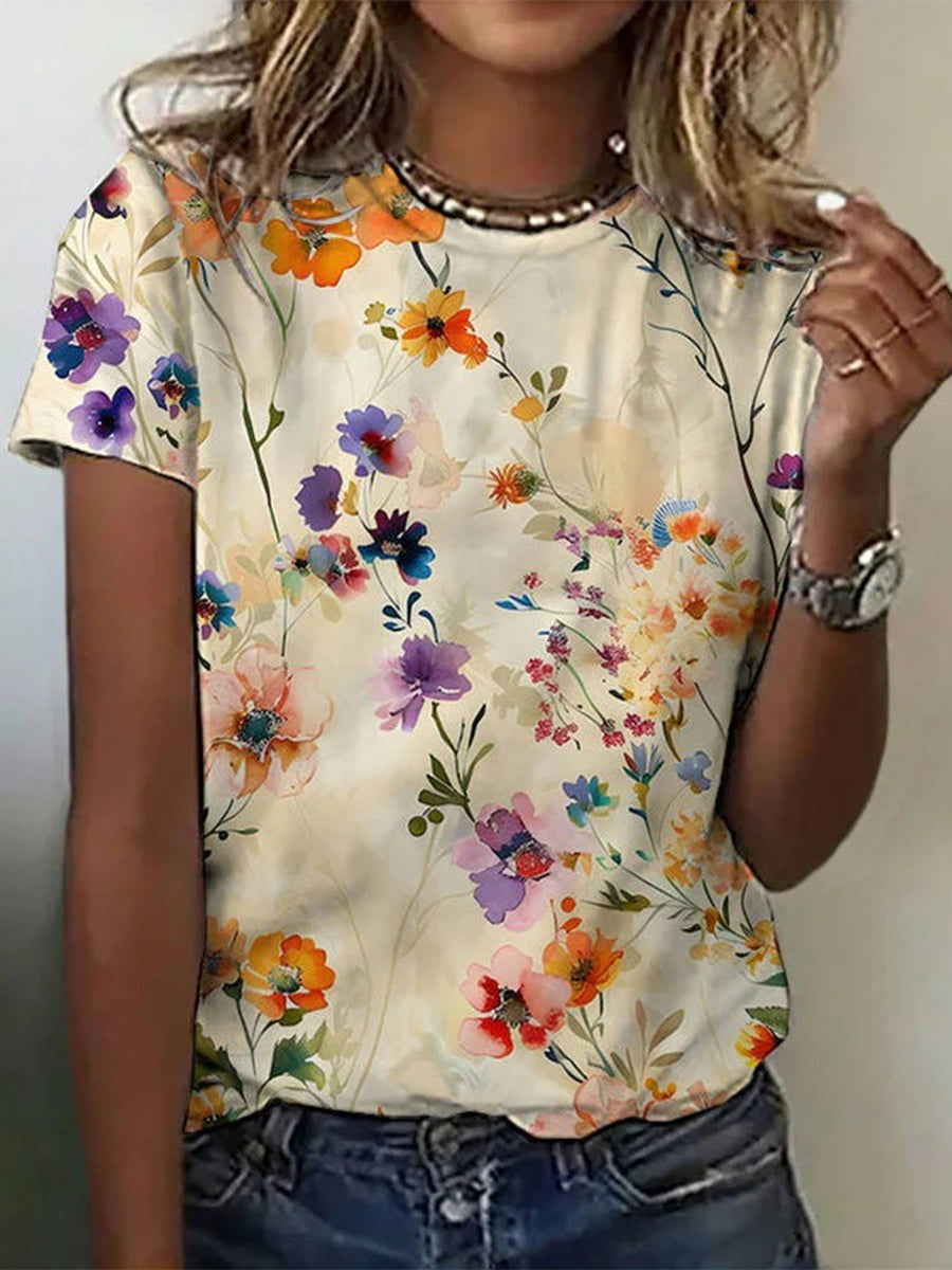 Vintage Floral T-shirt with Round Neck