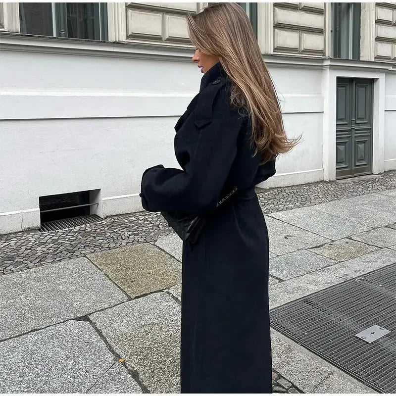 Palton lung oversized pentru damă, cu cordon