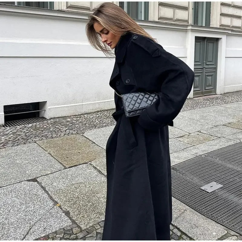 Palton lung oversized pentru damă, cu cordon