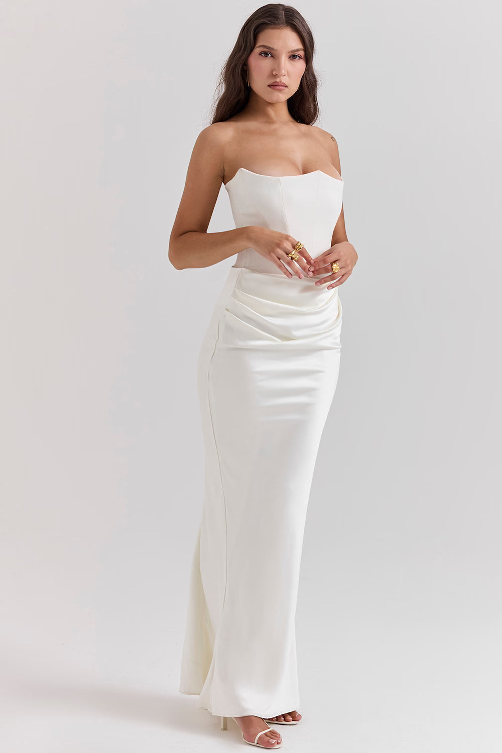 Ladies Elegant Strapless Maxi Dress with Long Skirt