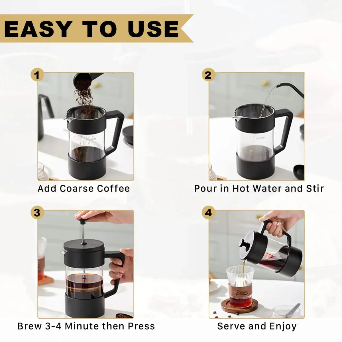 French Press Coffee Maker - Borosilicate Glass - Perfect Taste - Durable Design