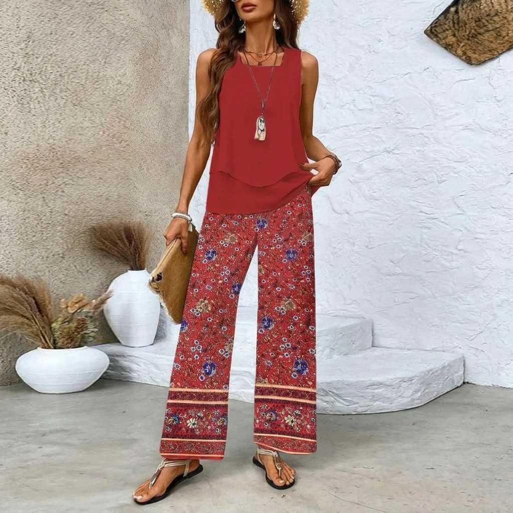 Completo Donna Stampato - Gilet Doppi Strati Senza Maniche e Pantaloni Larghi Dritti