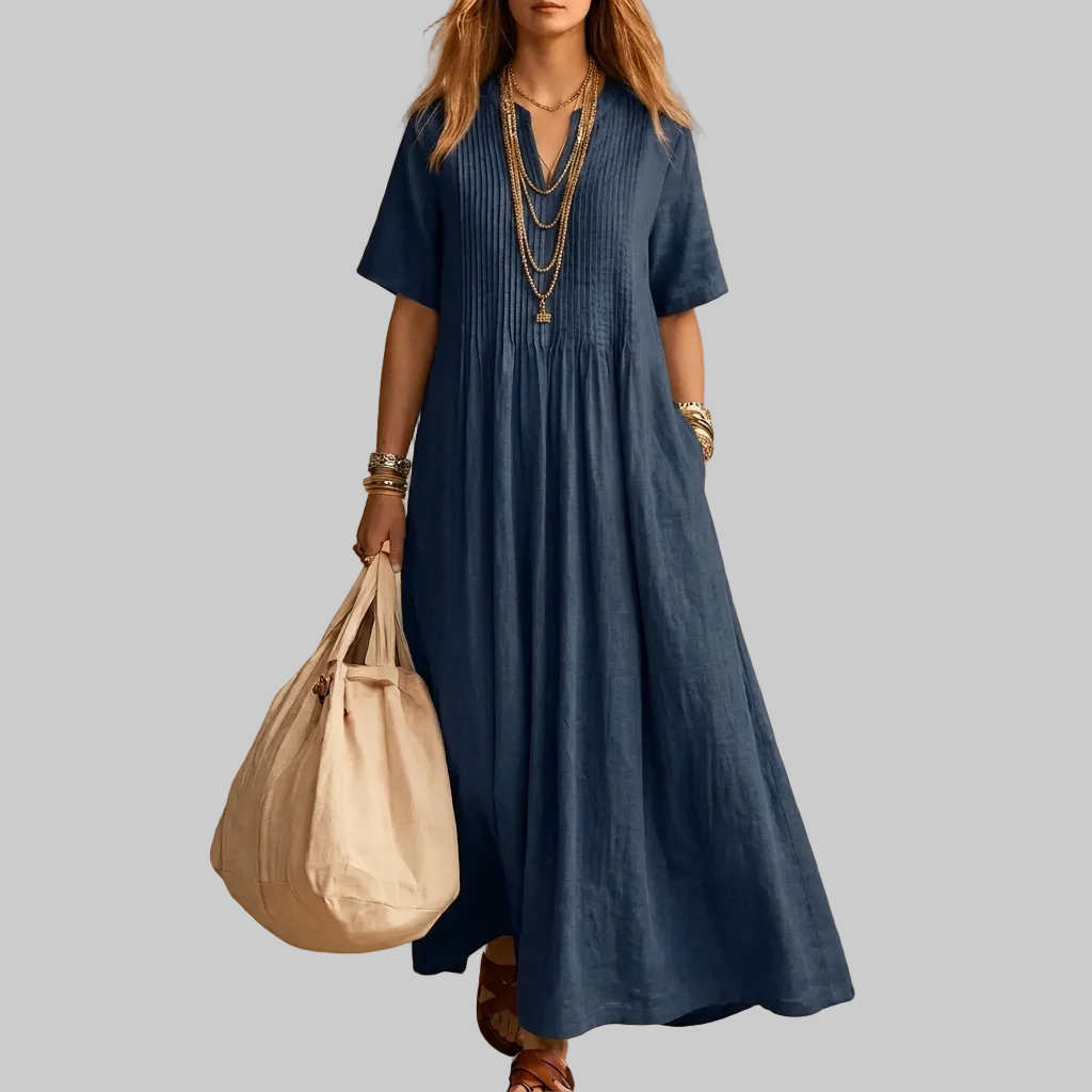 Damenkleid aus Baumwoll-Leinen mit V-Ausschnitt, kurzen Ärmeln und plissiertem Design