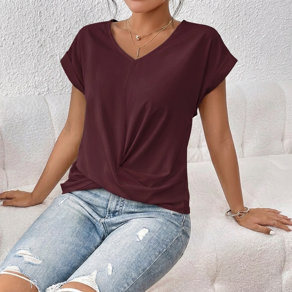 Damen-T-Shirt mit V-Ausschnitt, kurzen Ärmeln und Knoten-Detail vorne