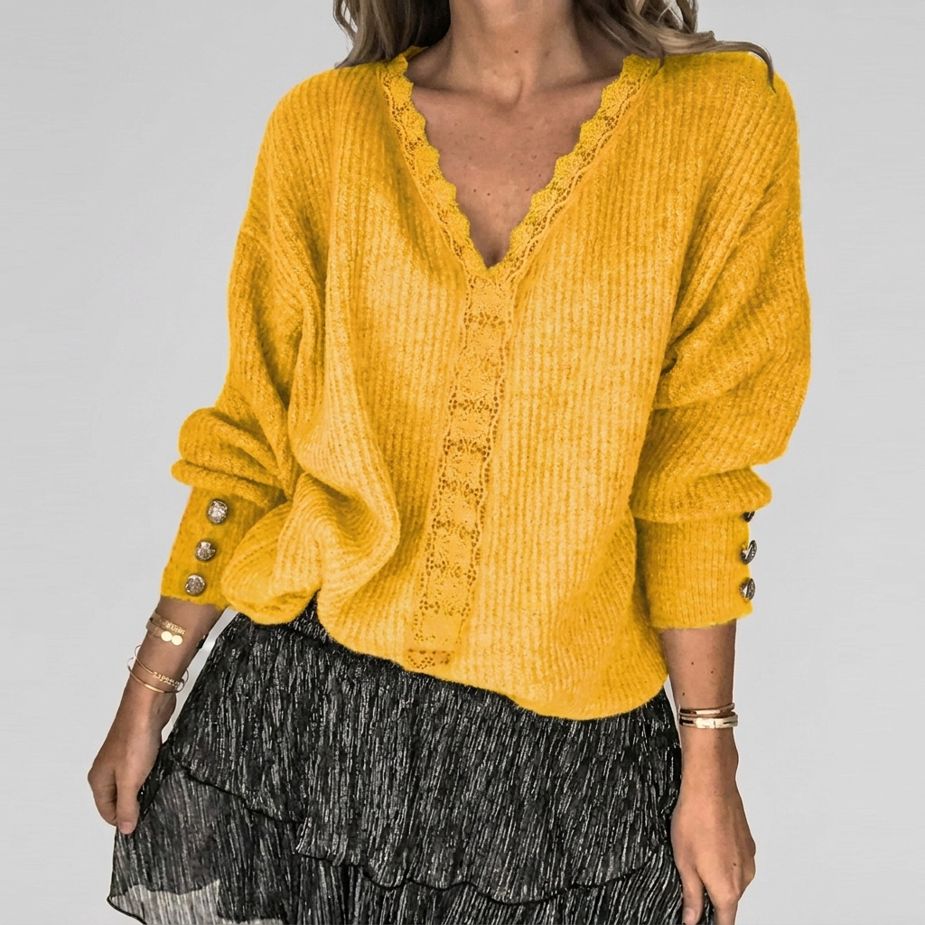 Summer V-Neck Blouse with Openwork Detail