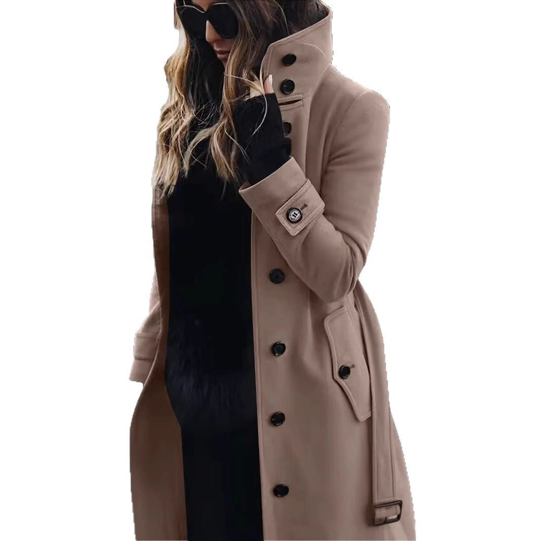 Ladies Classic Long Trench Coat with High Collar and Flap Pockets