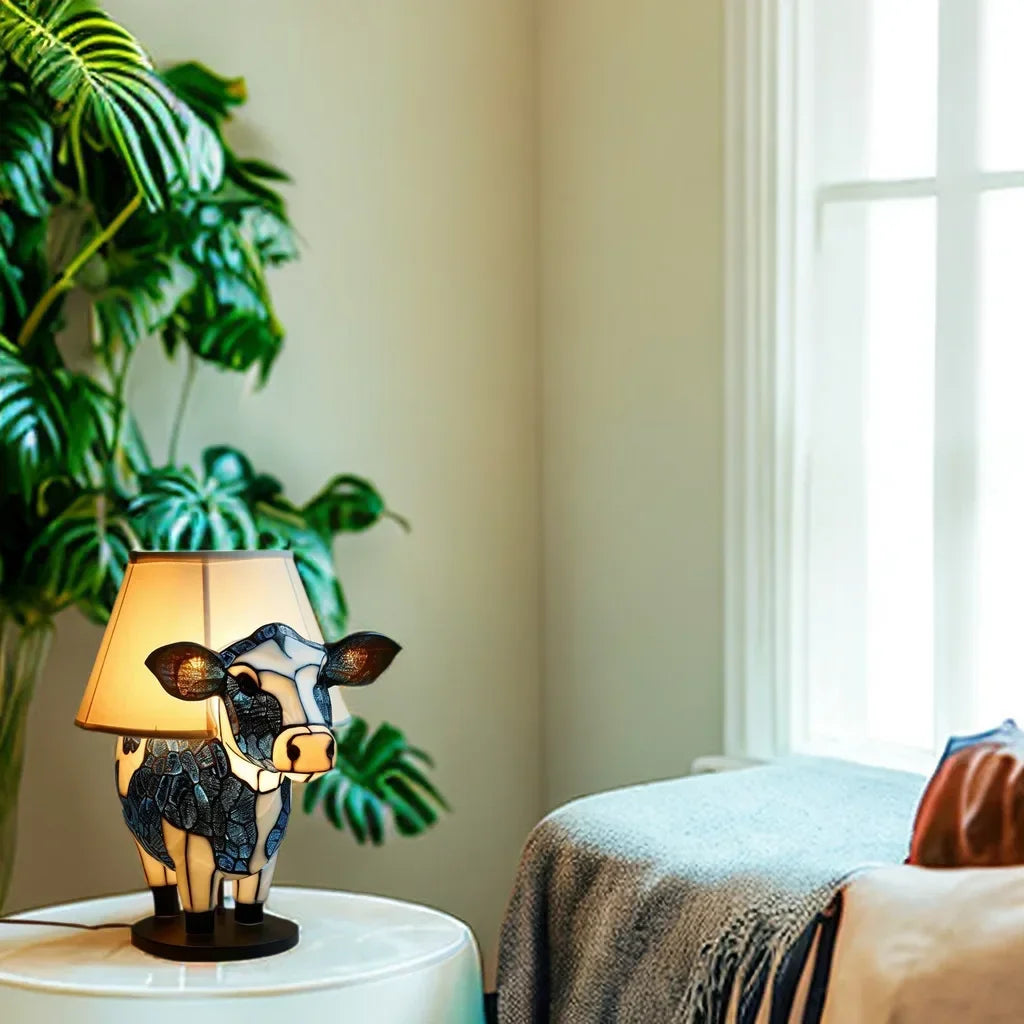Lámpara de mesa con diseño Tiffany y forma de vaca, luz cálida y estilo artístico para un interior acogedor