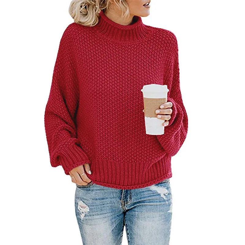Cálido suéter oversize de cuello vuelto para mujer de punto grueso