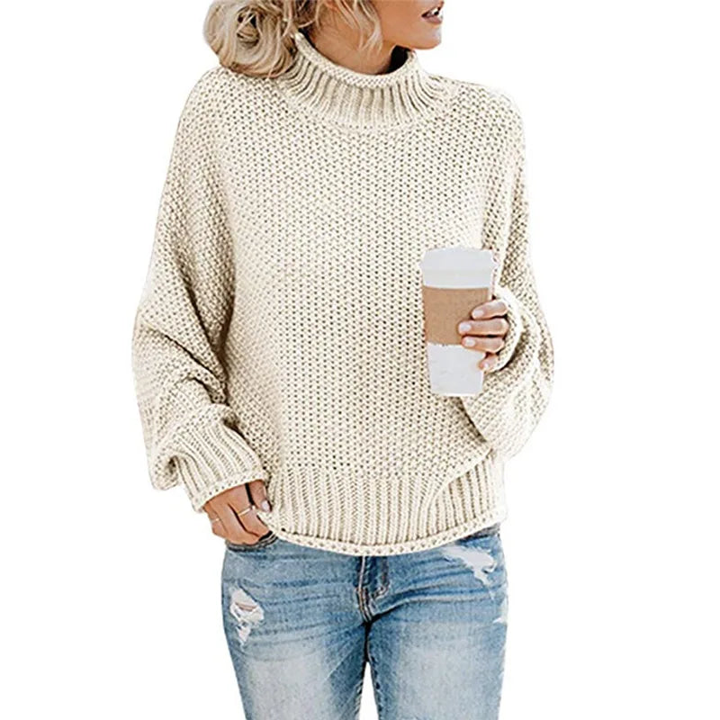 Cálido suéter oversize de cuello vuelto para mujer de punto grueso