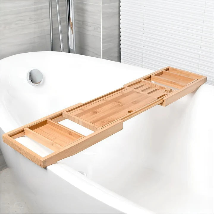 Bandeja de baño extensible de bambú con diseño de spa de lujo