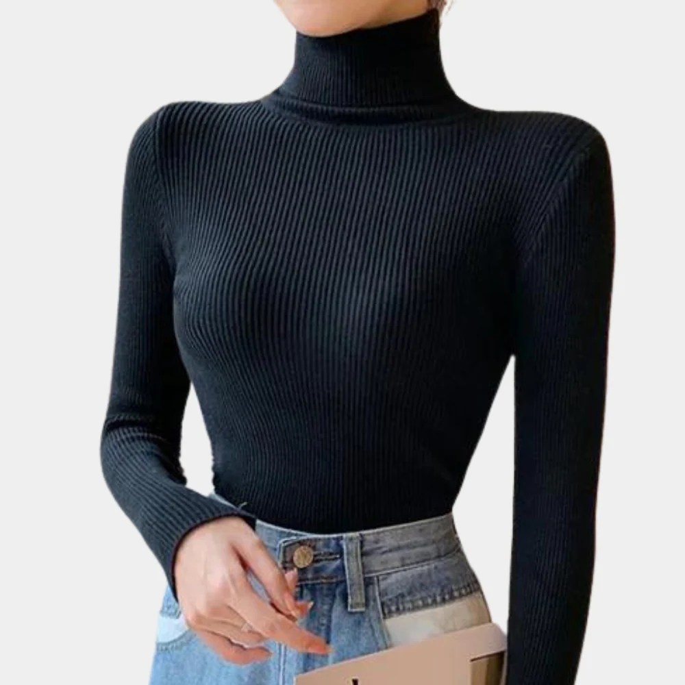 Bodycon Ribbed Roll Neck Jumper with Long Sleeves and Stretch for Women