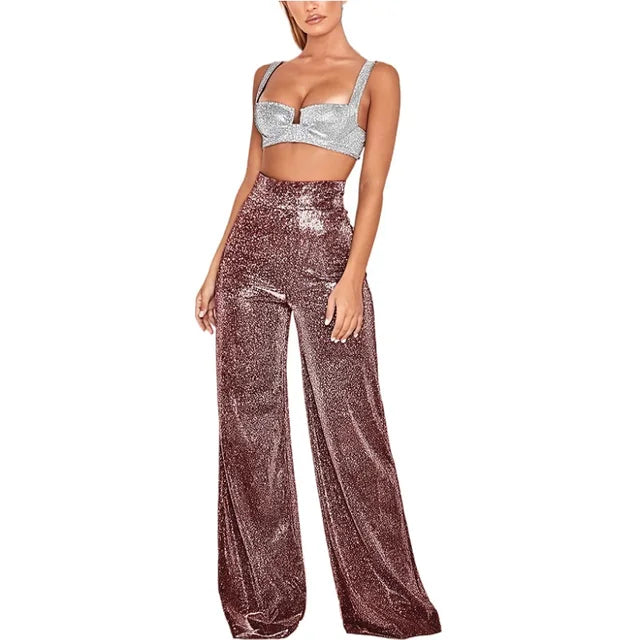Eleganti pantaloni da festa glitterati da donna con gamba a zampa