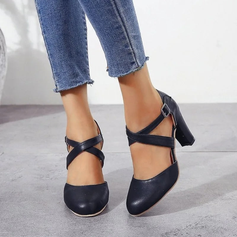Zapatos de tacón para mujer, con tiras cruzadas y tacón cuadrado