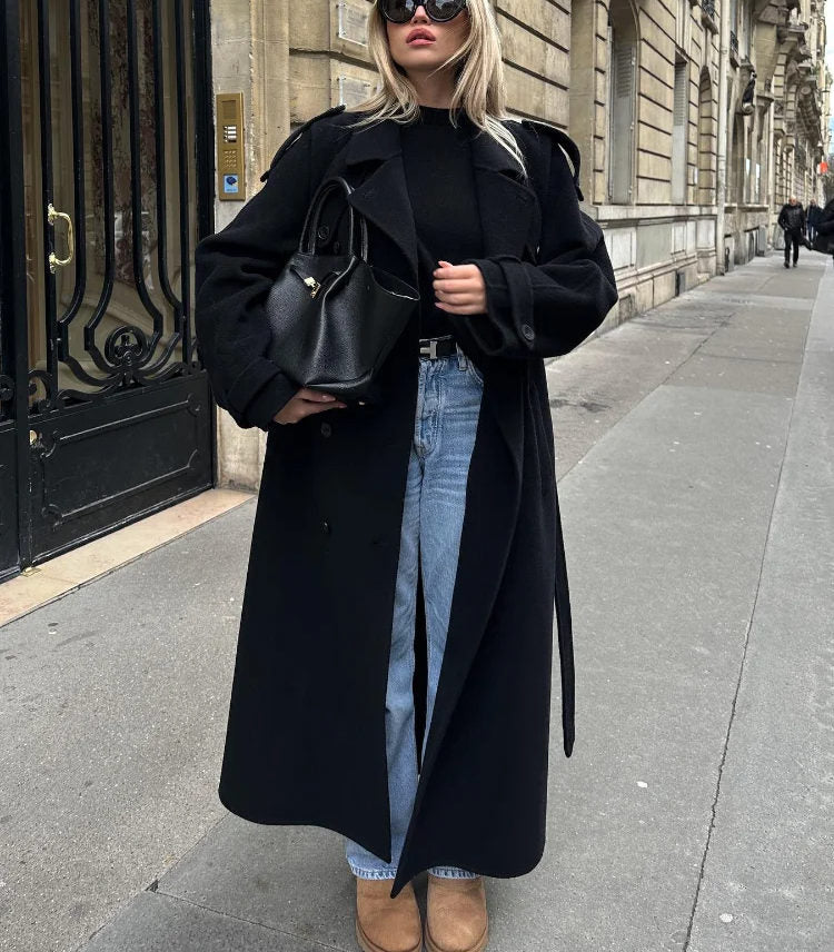 Palton lung oversized pentru damă, cu cordon