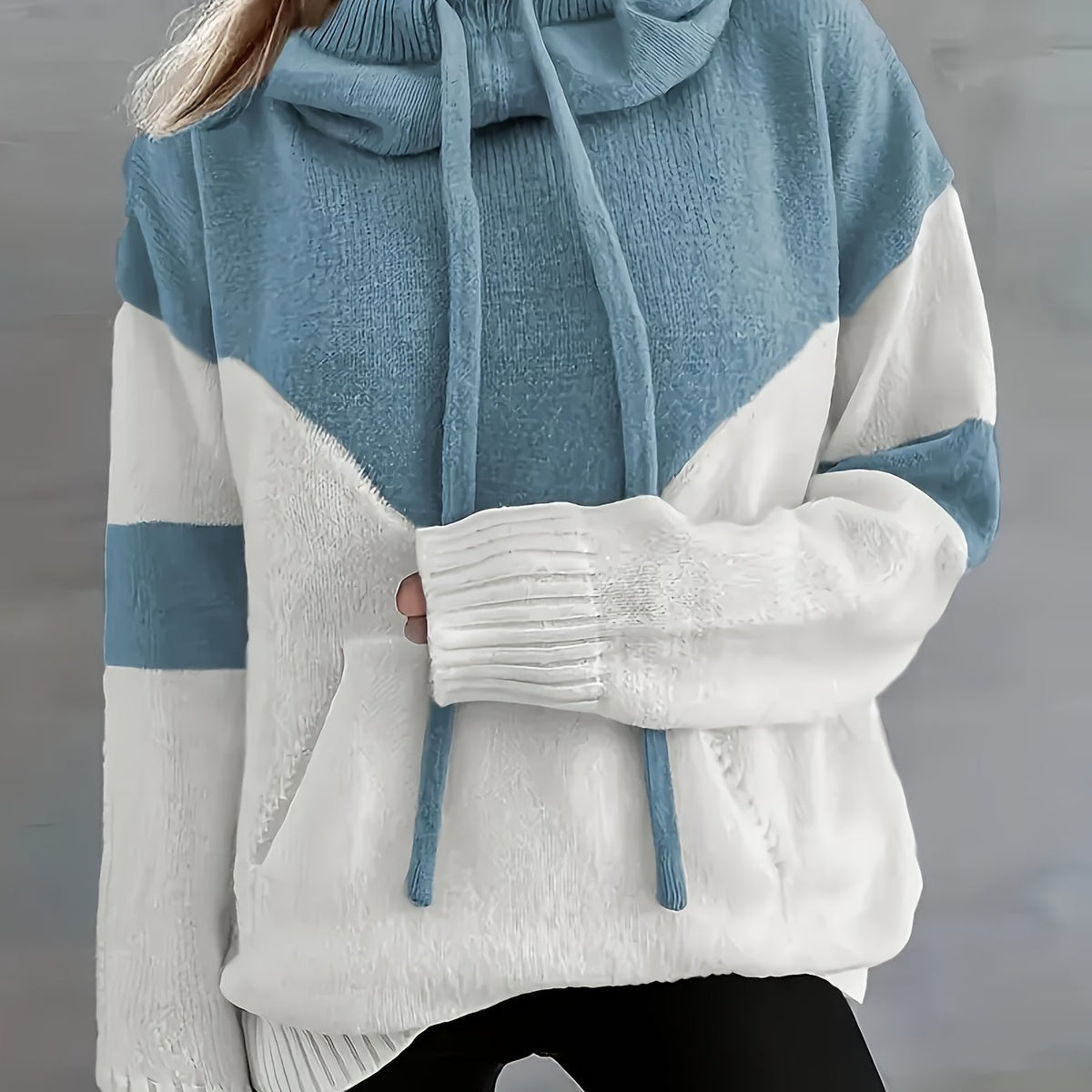 Ladies Trendy Knitted Hoodie with Colour Block and Drawstring