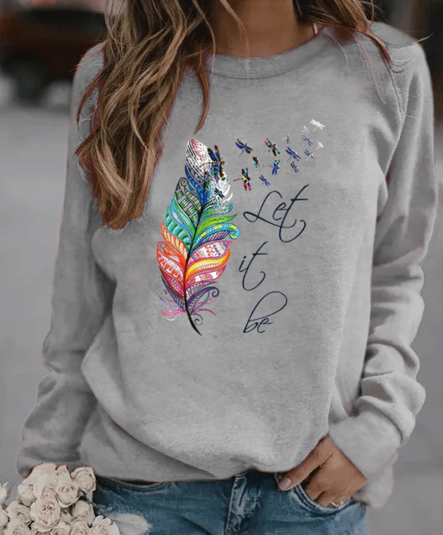 Maglione vivace da donna con stampa di piume e scollo rotondo
