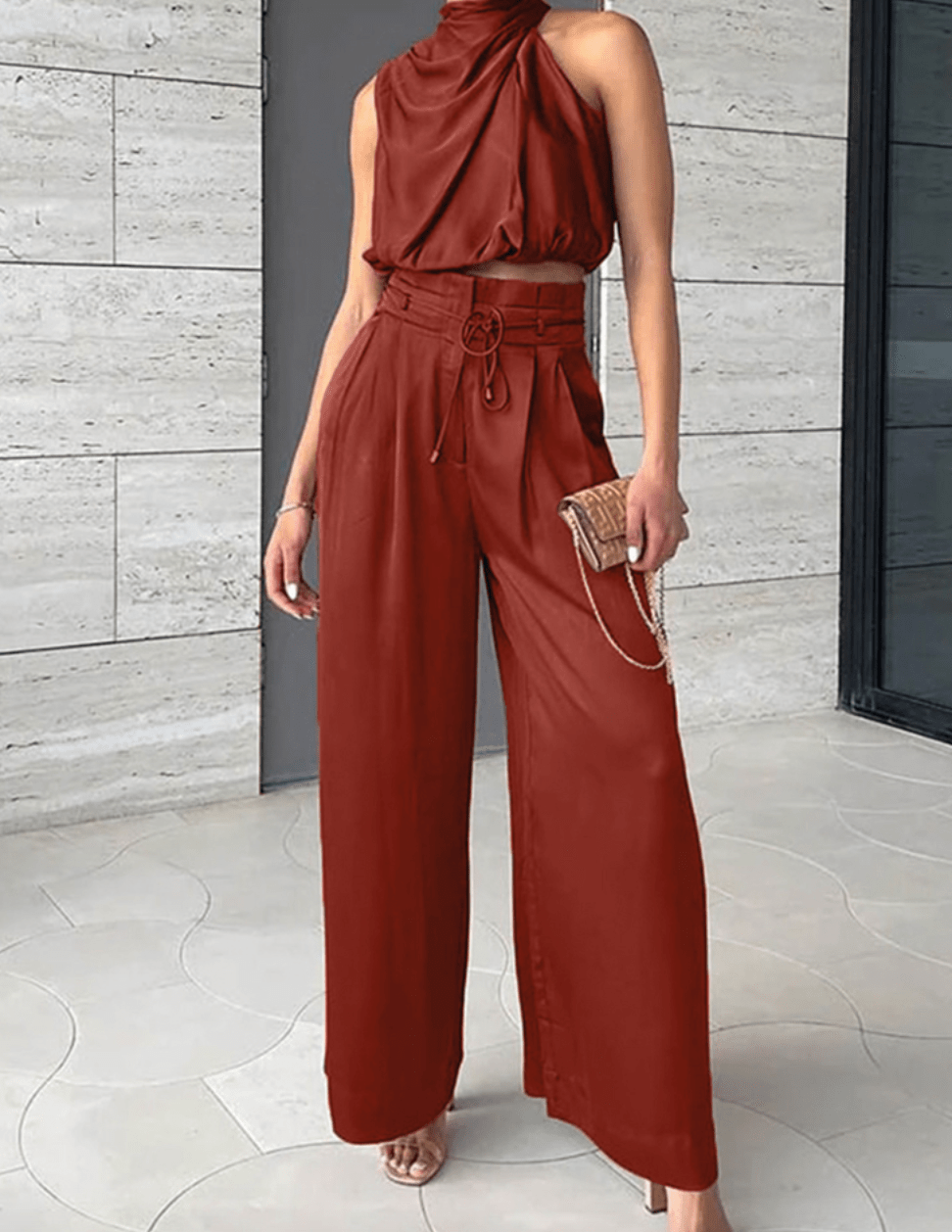 Elegant Top and Wide Leg Trouser Set for Women with Waistband