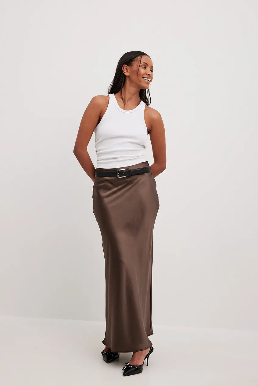 Chic Satin Midi Skirt with High Waist and A-Line