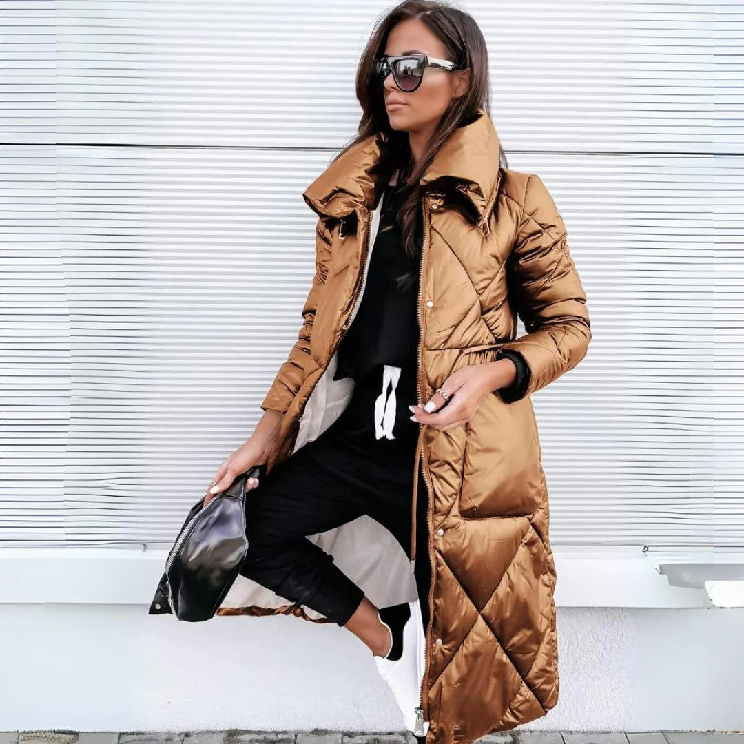 Ladies' Cosy Long Quilted Jacket with High Collar