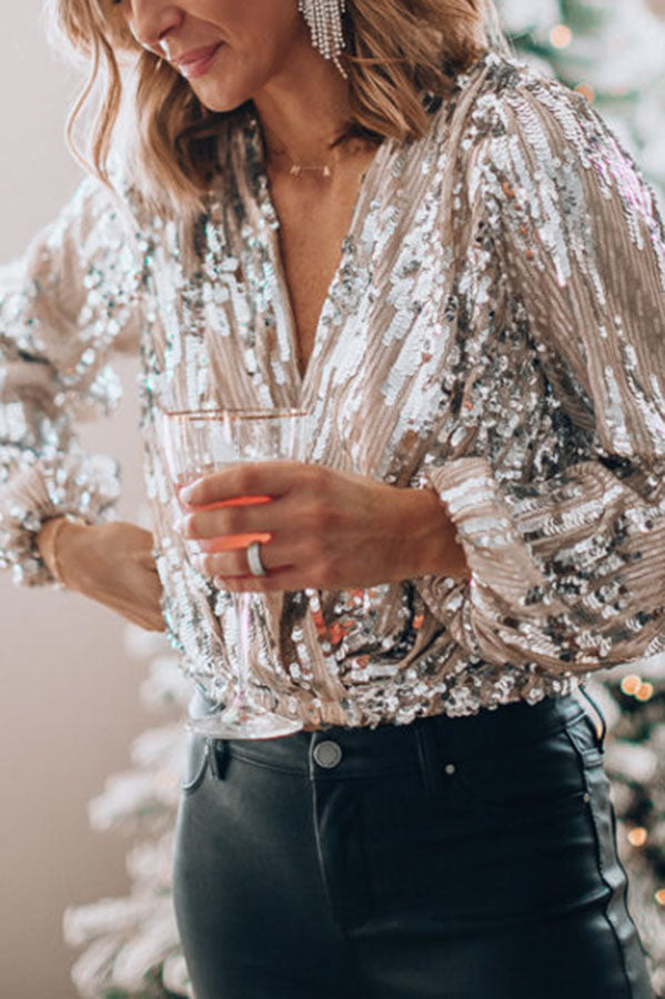 Ladies Sparkling Sequin Top with Wrap and V-Neck