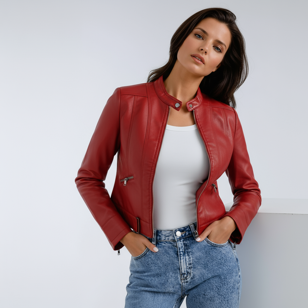 Short Leather Biker Jacket for Women with Zip and Pockets