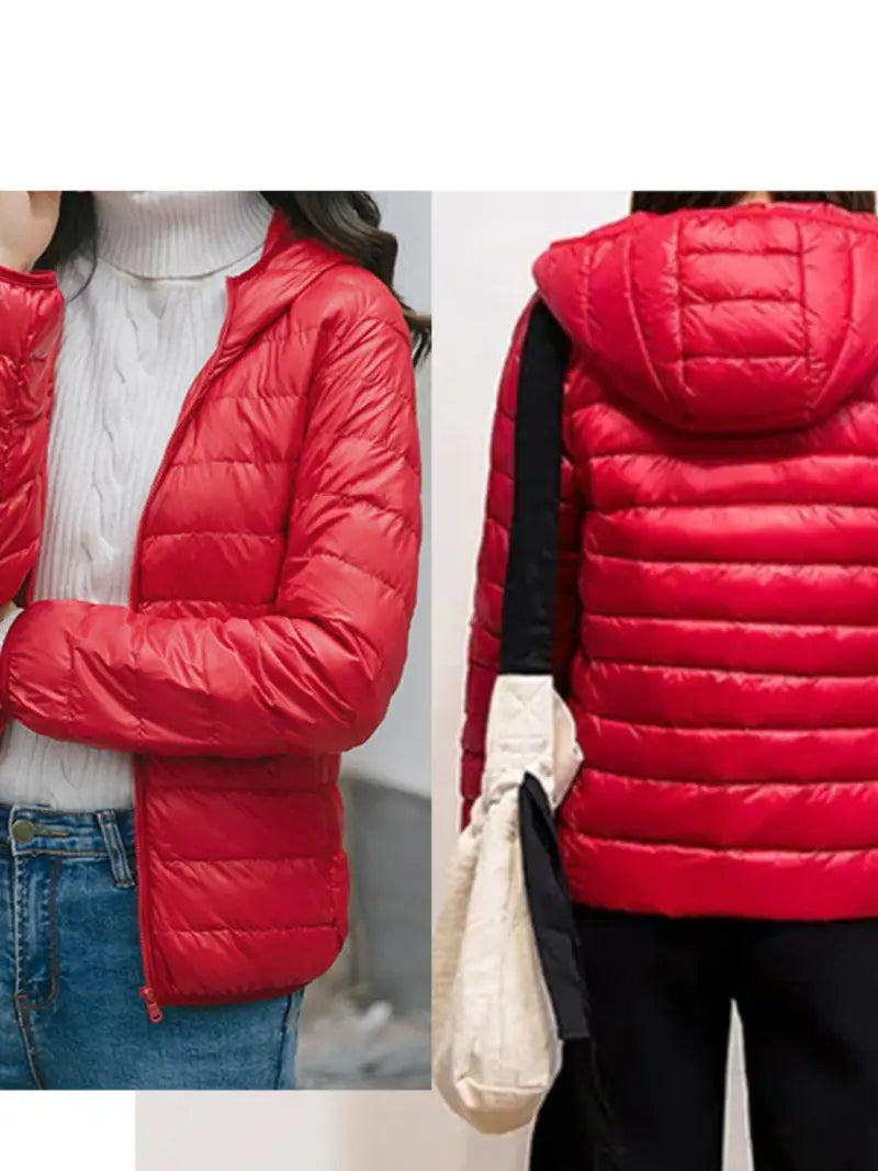 Chaqueta acolchada ligera y plegable para mujer, con capucha y bolsa de almacenamiento