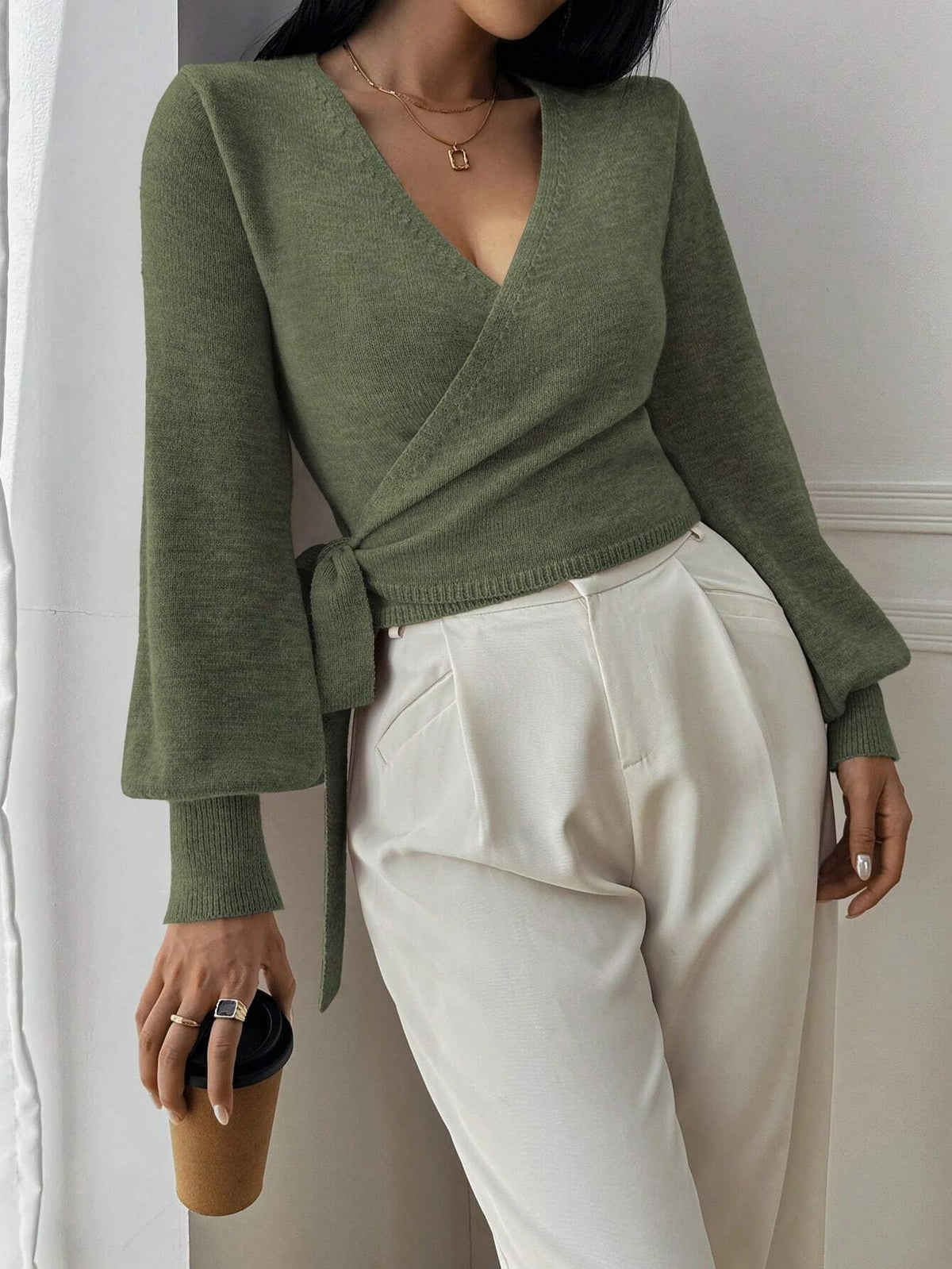 Stylish Knitted Wrap Croptop with V-Neck and Tie Belt