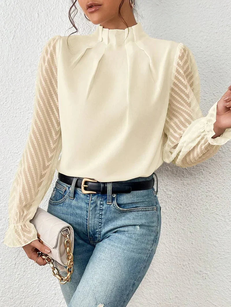 Elegant Blouse with High Neck and Sheer Sleeves for Women