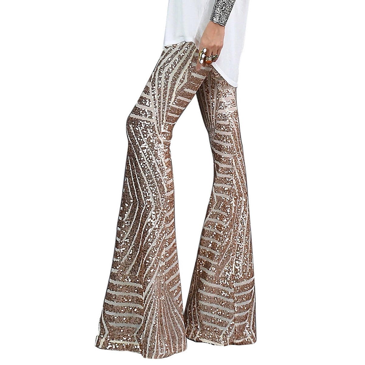 Festive Flared Trousers with Geometric Sequin Print