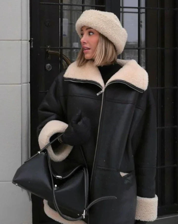 Γυναικείο oversized μαύρο χειμερινό παλτό από δερματίνη με επένδυση τύπου teddy