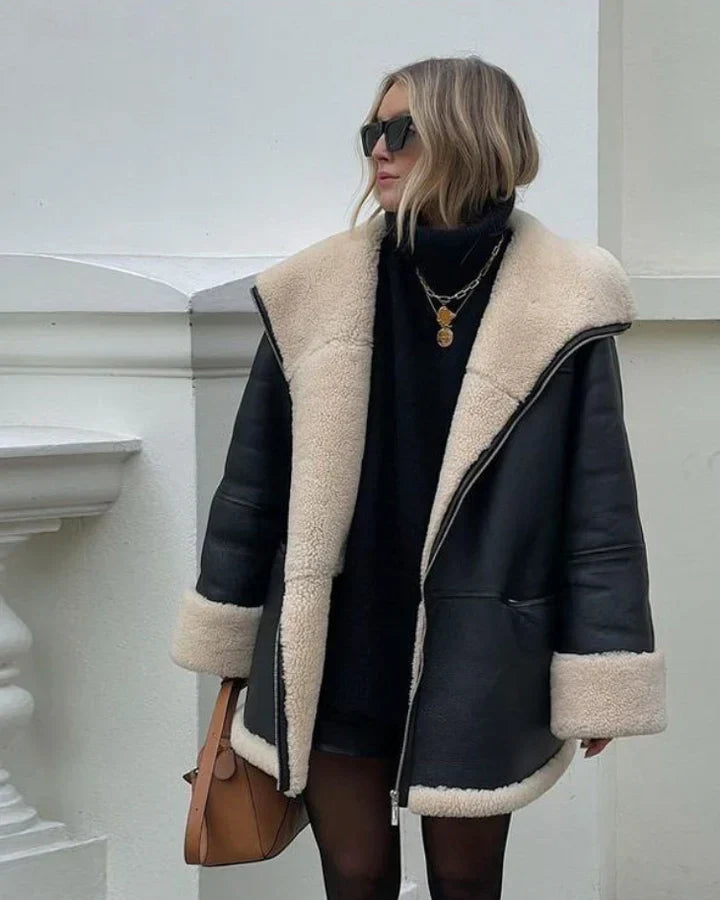 Γυναικείο oversized μαύρο χειμερινό παλτό από δερματίνη με επένδυση τύπου teddy