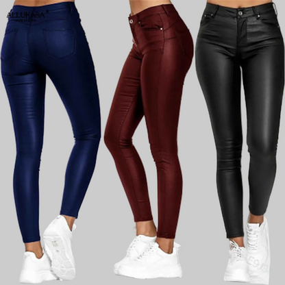 Ladies' Faux Leather Skinny Trousers with Stretch and Pockets