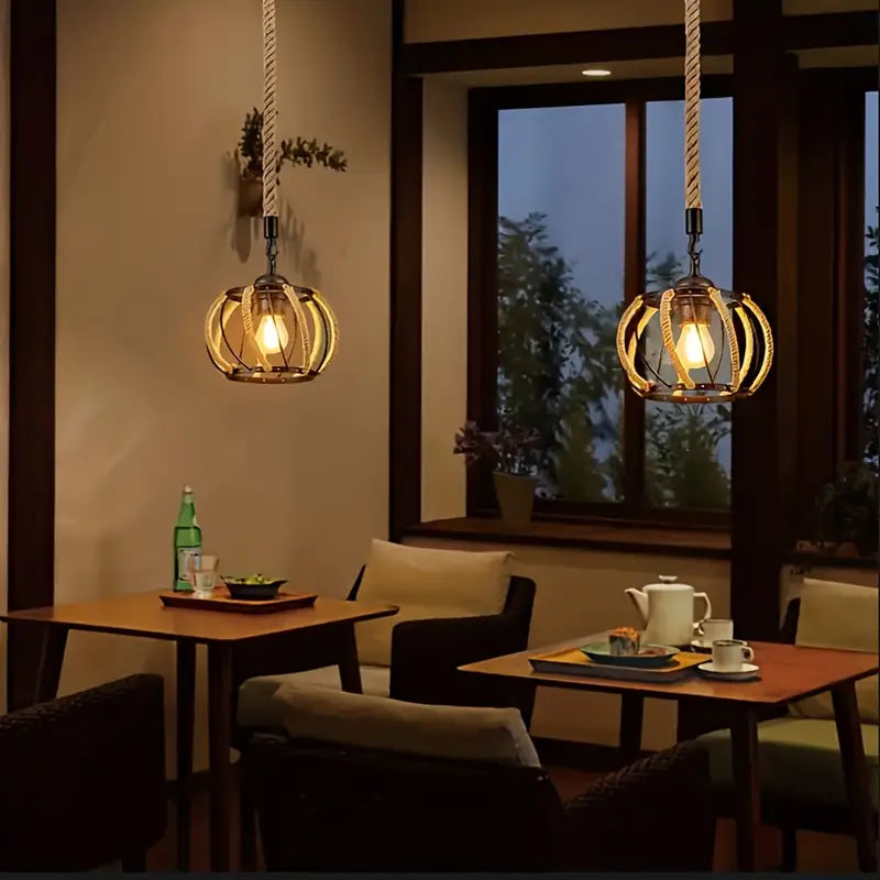 Industrial Pendant Light with Braided Rope and Metal Frame for Interiors