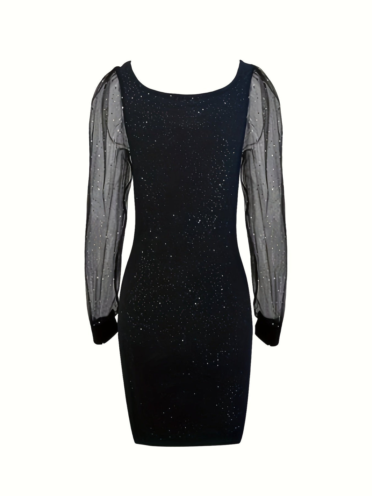 Bodycon Midi Cocktail Dress for Women with Glitter and Sheer Sleeves