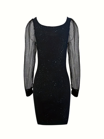 Bodycon Midi Cocktail Dress for Women with Glitter and Sheer Sleeves