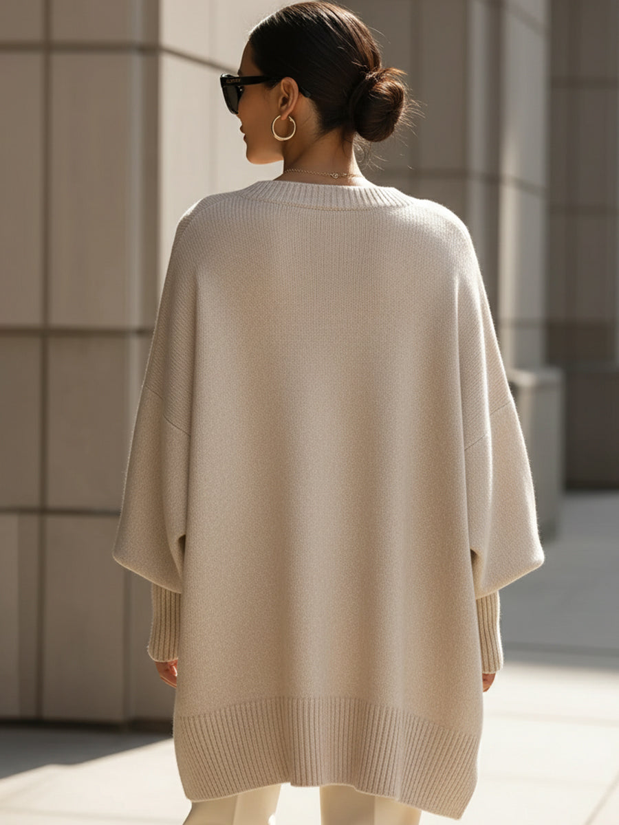 Ladies Luxe Knitted Jumper with Round Neck and Asymmetrical Hem