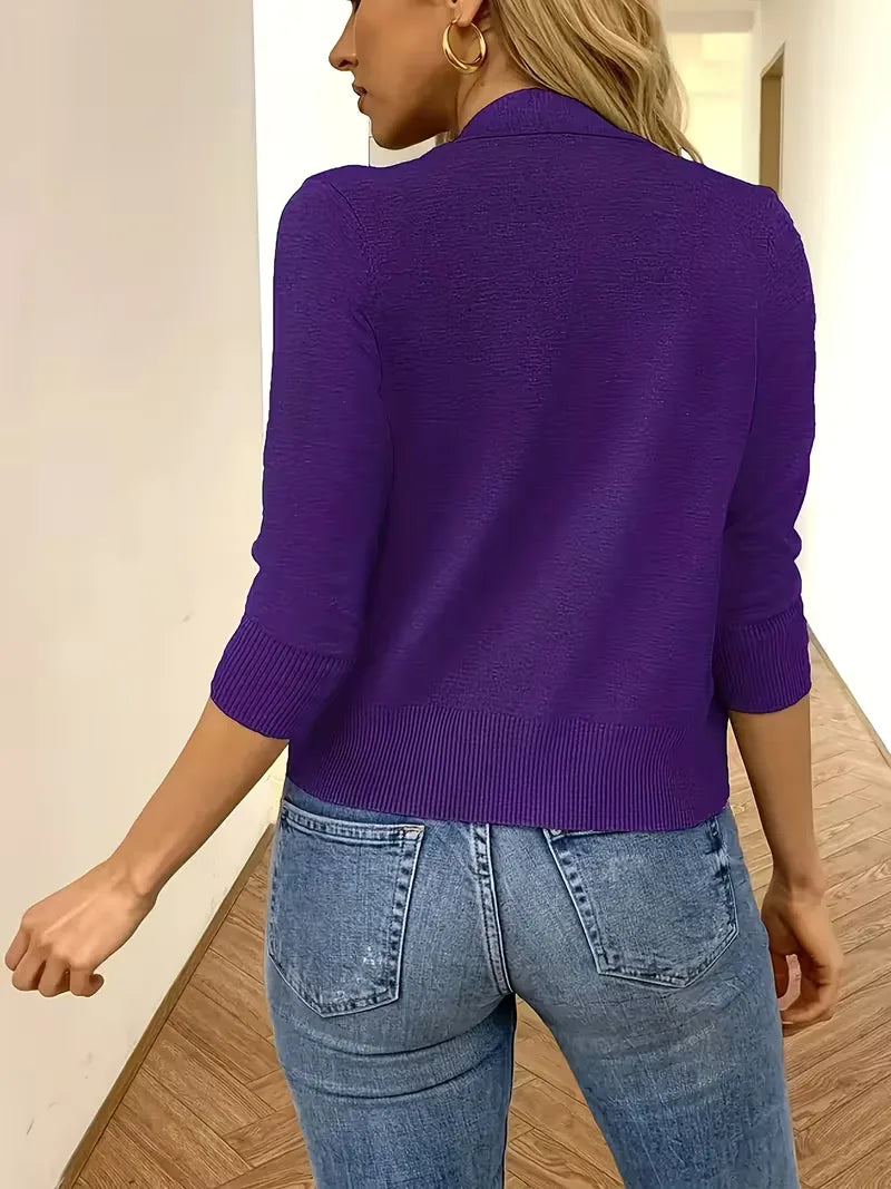 Cardigan violet ouvert devant, manches 3/4